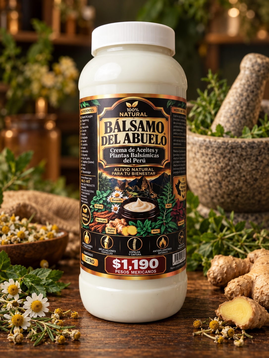 Frasco de Bálsamo del Abuelo sobre una mesa de madera, acompañado de plantas y un mortero